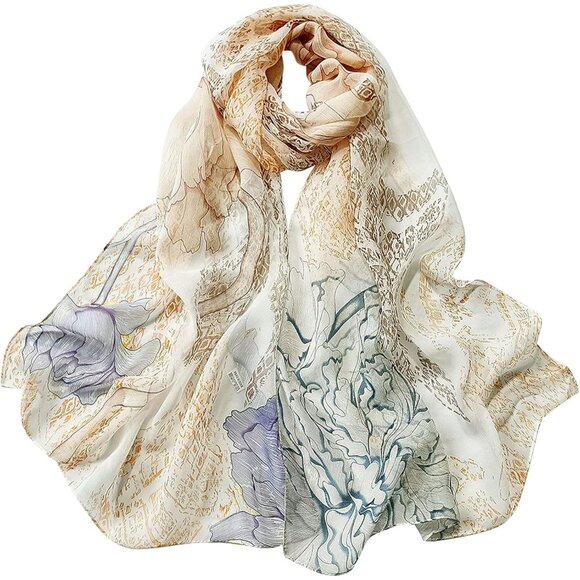 Women's Khaki-flower Fashion Lightweight Head Scarf Floral Print Chiffon Scarves - Picture 1 of 6